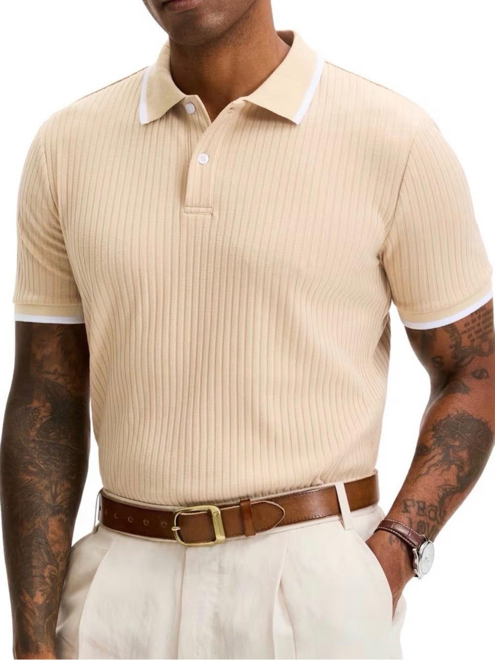 Men's Beige Ribbed Polo with White Trim — Classic Short Sleeve
